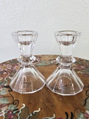 Towle Pair Crystal Candlesticks Facet Diamond Cut Made In Austria Art Deco Vtg